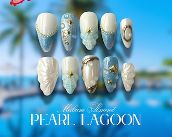 Ocean Dream Jellyfish Press On Nails | Blue Sea Fantasy Nail Art Set | 3D Shell & Starfish Nails | Handmade Ocean-Inspired Press Ons