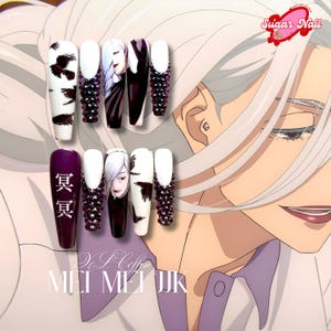 May include: A set of ten long, artificial nails with various designs. Some nails are white with black brushstrokes, others feature anime-style portraits, and some are solid purple with Japanese characters. The nails are adorned with dark purple rhinestones.