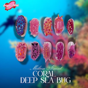 Colorful Deep Sea Fantasy Press On Nails – 3D Ocean Creatures Nail Art with Octopus, Unique Sea Monsters – Handmade Summer Statement Nails