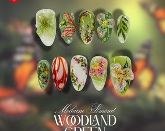 Uñas postizas Matcha Green Fairycore – Uñas hechas a mano con flores 3D y un diseño de gel de ensueño – Set de uñas para fiestas o vacaciones de primavera