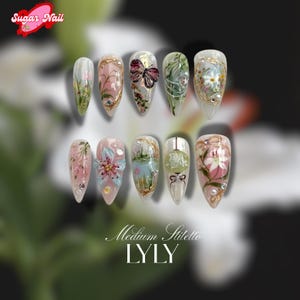 Sage Green Floral Press On Nails – Nature-Inspired Nail Art with 3D Flowers, Leaves & Rhinestones – Elegant Nails for Special Occasions