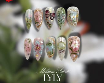 Sage Green Floral Press On Nails – Nature-Inspired Nail Art with 3D Flowers, Leaves & Rhinestones – Elegant Nails for Special Occasions