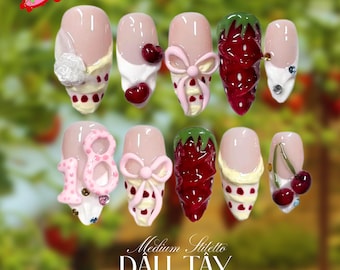 Dreamy Pink Press On Nails | 3D Strawberry & Cherry Charm Nails | Cute Cream Bowtie Nail Art | Handmade Y2K Summer Nail Set