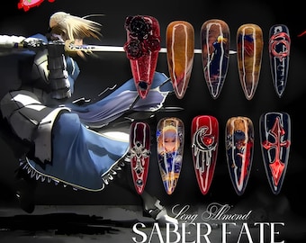 Royal Blue Knight Nails | Anime-Inspired Press-On Gel Nail Set | Fantasy Warrior Aesthetic | Handmade Elegant Cosplay Nails