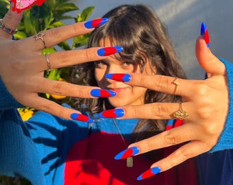 Red Heart Press-On Nails / Blue Base with Hand-Painted Big Heart Art / Long Almond Gel Nails for Date & Picnic Looks
