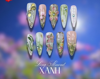 Dragonfly Nail, Pink Flower Press On Nails, Long Almond Nail, Nature Nails in Green Tone, 3D Handmade, Spring Nail Art for Birthday, Holiday