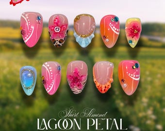 Small Tigon Floral Nails, Short Almond Cute Nail For Baby Girl, French Tip Ocean Vibes and 3D Flower Press On Nails, Birthday Gift