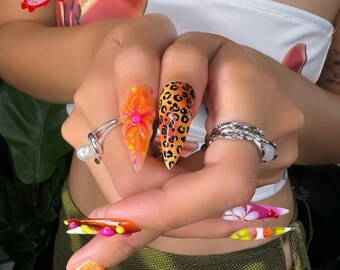 Ilha Tropical, Unhas Pressionadas Vibes, Reutilizável Coastal Chic, Unhas Pressionadas Premium em Gel, Unhas Postiças, Unhas Divertidas e Fofas, Gel Colorido, Caixa de Unhas