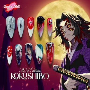 Moonblade Press-On Nails, Demon-Inspired Red, White & Black Design with Intricate Character Art, Handmade Anime Gel Nails