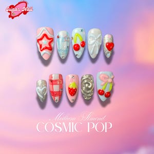 Aloha Summer Press On Nails – Cute 3D Fruit & Flower Nail Art with French Tips, Colorful Almond Nails for Beach, Vacation, Gift for Her
