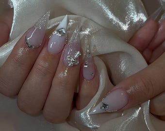 Luxe Bling Press On Nails | Milky French Tip Nails | Rhinestone Luxury Nail Art | Handmade Medium Stiletto Nails | Wedding Glam Fake Nails
