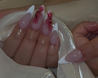 Hand Painted Floral French Press On Nails | Red Flower French Tip Nails | Acrylic Stiletto Fake Nails | Elegant Nail Art Wedding Nails