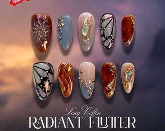 Celestial Press On Nails | Gold Sun & Moon Nail Art with Butterfly Glow | Pearl Crystal Handmade Nails | Spiritual Bohemian Set