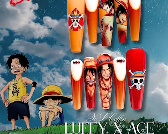Brotherhood Duo Fake Nails | Lu.ffy and Ace Inspired One Piece Nail Art | XL Almond Anime Cosplay Nails with 3D Pirate Details, Long Nails