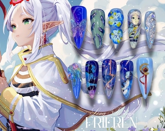 Elf Mage Inspired Nails | Soft Blue & Gold Fantasy Gel Nail Set | Anime Magic Aesthetic | Handmade Elegant Press-On Nails