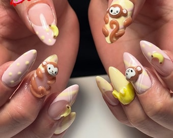 Kawaii Monkey Press On Nails, 3D Banana Cartoon Nail Art, Playful Pink & Brown Pastel Animal Nails, French Pink Nails, Polka Dot Decoration