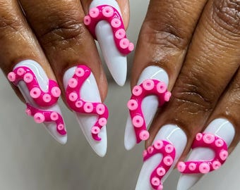 Kräftiger rosa Oktopus 3D, Ozean inspirierte Presse auf den Nägeln | Y2K Gel Nagel Kunst | Handgefertigte Acrylnägel für Party, Abschlussball, Geburtstag oder Events