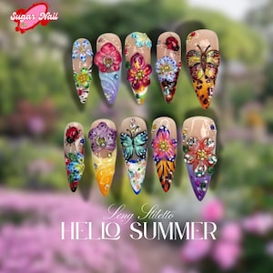 Vibrant Garden 3D Press On Nails – Handmade Colorful Nails with Butterflies, Flowers & Insects – Artistic Nature-Inspired Nail Set