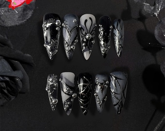 Chrome Gothic Press-On Nails – Silver 3D Cross Nail Art, Handmade Punk Metallic Acrylic Fake Nails - Stiletto Shape Nails