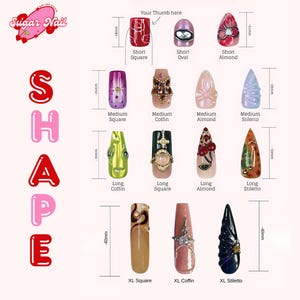 May include: A display of various nail shapes and designs, including Short Square, Short Oval, and Short Almond, with measurements in millimeters. The image also features Medium, Long, and XL nail styles, showcasing diverse nail art.