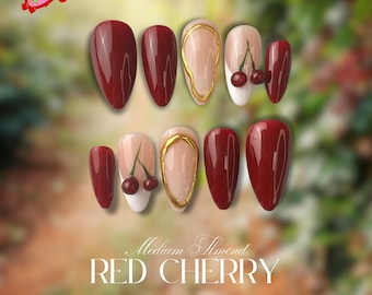 Cherry Nails and Ancora Red Long Almond | 3D Cherry Nails | Gold Outline Nail Press On Nails | Red Nails | Holiday Nails | Gift for Her