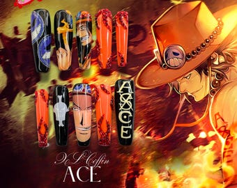 Fire A.C.E One Pie.ce Inspired Press On Nails, Fiery Flame Anime Nail Art, Handmade Red Orange Nail Set, Cosplay Nail Gift for Anime Fan