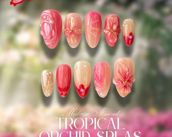 Ongles à presser sirène rose, ongles en gel 3D coquillages avec fleurs et étoiles de mer, faux ongles nacrés scintillants, ongles ovales de plage d'été, ensemble d'ongles