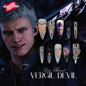 Ver.gil De.vil May Cry Press On Nails, Blue and Silver Sword-Inspired Nail Art, Handmade Gaming Cosplay Nails for Fans and Collectors