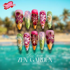 Tropical Mixed Color Press On Nails with 3D Flowers, Leaf Art & Ombré Design – Handmade Vibrant Summer Nail Set for Bold Women