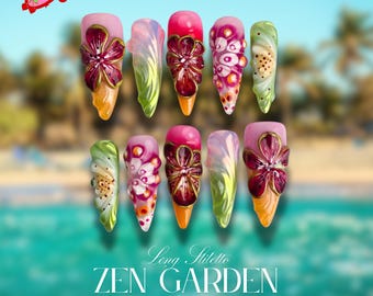 Tropical Mixed Color, Press On Nails with 3D Flowers, Leaf Art Nail, Ombré Design, Handmade Vibrant, Summer Nail, Set for Bold Women