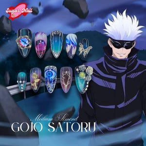 Go.jo JJK-Inspired Nails, Blue Eyes Iconic Satoru, Roses and Butterfly Charm Press On Nails, Sato.ru JJK Nails, Otaku Nails, Anime Nails