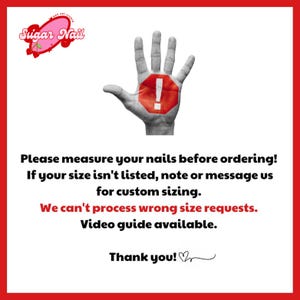 K&ouml;nnte beinhalten: Eine rot-wei&szlig;e Grafik mit dem Text "Sugar Nail" und einer Hand mit einem roten Stoppschild auf der Handfl&auml;che. Der Text lautet "Bitte messen Sie Ihre N&auml;gel vor der Bestellung!" und weitere Anweisungen.