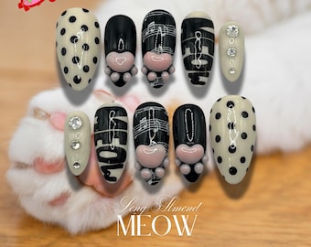 Cat's Paw-Inspired Nails, Meow Nails, Polka Dot Pattern Press On Nails, White Black Tone Nail, Sweet Gift For Girlfriend, Romantic Date Nail