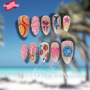 Unique Fruit Garden Press On Nails, Handmade Almond Nail Set with Tomato, Strawberry & Fish, Vegan-Friendly Nail Designs, Holiday/Party Na