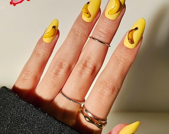 Banana-Inspired Nails, Yellow Light Nails, Ripe Banana With Black Dots, Medium Almond Nails, Fruit Nails, Basic Nails For Girlfriend