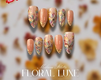 Wedding Nail Gold Foil Floral Press On Nails Chic Floral Design Nail Art French Tip Floral Fake Nails |Vintage Floral Nail Art Elegant Nails