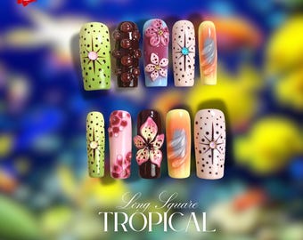 Spring 3D Floral Press On Nails – Hand-Painted Pastel Tulip & Blossom Nails, Rainbow Acrylic Fake Nails, Tropical Nail Art Set