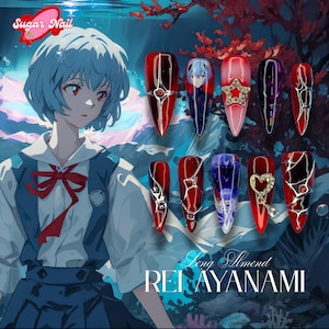 R.ei Aya.nami Handmade Blue Hair Anime Girl Press On Nails, Red Eye Cosplay Nails, Japanese Anime Inspired Nail Art, Otaku Gift for Her