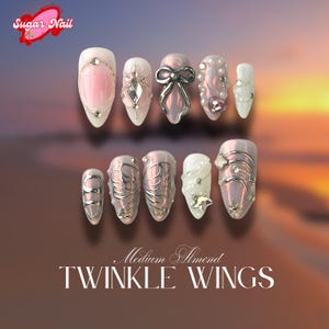 Transparent Holographic Press-On Nails | Silver Glitter Bow & Bling Stars Fake Nails | Chic Holo Pink Nail Art | Ethereal 3D Y2k Nails