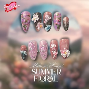 Hand-Painted Lotus & Butterfly Press On Nails – Colorful Floral Art Nails – Elegant Gel Nail Set for Spring Summer Wedding Gift