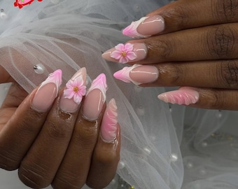 Wedding Pink Cute Nails: 3D Lily Floral Press on Nails, Basic Nails