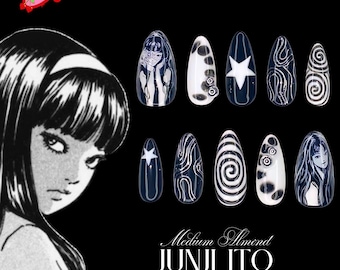 Uñas postizas de terror en espiral de Jun.ji Ito, diseño de uñas espeluznante en blanco y negro inspirado en Uzumaki, uñas de Halloween de anime hechas a mano, uñas de cosplay