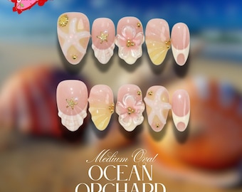 Tropical Nails with 3D Starfish & Shell Design, Summer Press On Nails, Handmade Starfish Nails, Pastel Pink Yellow Nails, Vacation Nail