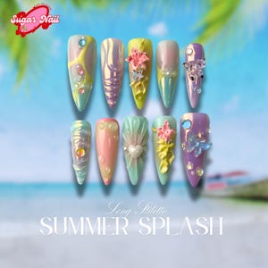 Fairycore Pastel, Summer Splash, Floral Press-On Nails | 3D Butterfly Nail Art | Handmade Iridescent Nature-Inspired Cute Nails Set