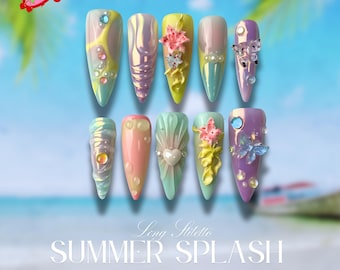 Fairycore Pastel, Summer Splash, Floral Press-On Nails, 3D Butterfly Nail, Handmade Nail, Iridescent Nature-Inspired Nail, Cute Nails Set