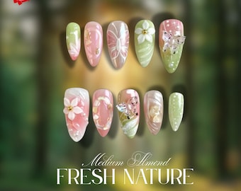 Aangepaste 3D roze lotus feeënvleugels druk op de nagels Handgemaakte witte bloemen en groene bladeren Romantische lente zomer kunstnagels bloemnagels
