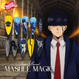 Mash.le Anime Inspired Press On Nails, Yellow Blue, Black Magic Nail Art with Black Rose Charm and Scar Detail, Handmade Cosplay Nails