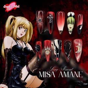 Dark Note Inspired Press-On Nails / Handmade Anime Art with Red & Black Gothic Design / Bold Gel Nails for Fans / Gift for Her