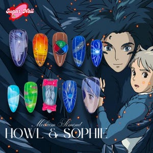 Howl&#39;s Moving Castle Press-On Nails, Ghibli Anime Nail Art with Howl, Sophie and Calcifer, Custom Handmade 3D Scenic Nails, Otaku Nails