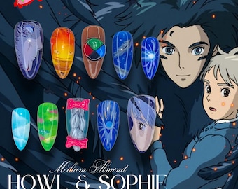 Ongles à presser Howl's Moving Castle, décorations d'ongles anime Ghibli avec hurlement, Sophie et Calcifer, ongles panoramiques 3D faits main personnalisés, ongles Otaku